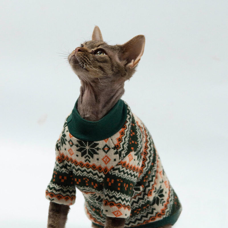 Cat Festive Sweater Pullover, Classic Soft Warm Christmas Clothes for Hairless Sphynx, Devon & All Indoor Kittens (Geometric,M) Geometric M - PawsPlanet Australia