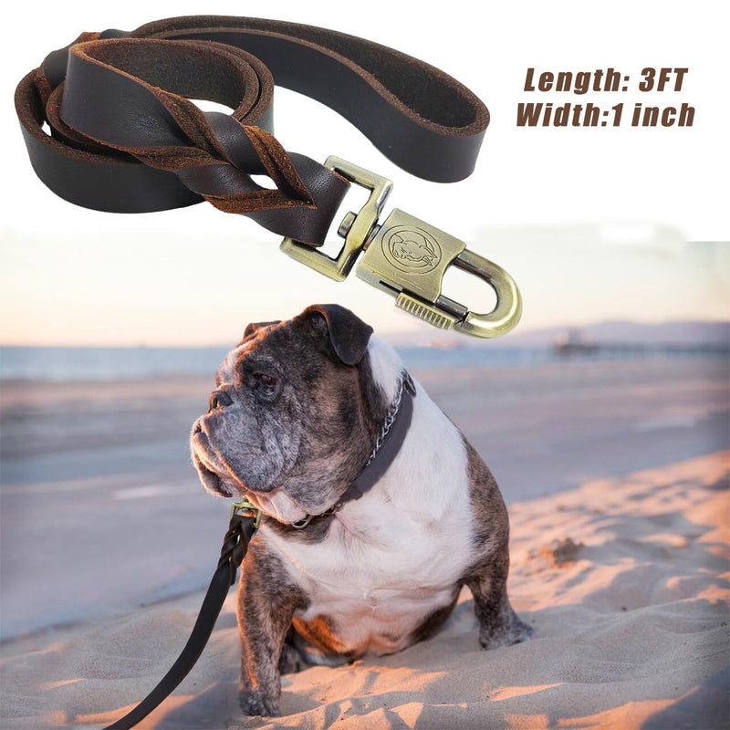 LWBMG Leather Dog Leash 3 ft Upgrade Braided Thick Genuine Leather Dog Leash with Lock Head Hook Short Heavy Duty Pet Training Lead for Medium Large Dogs 3ft x 1 inch Brown - PawsPlanet Australia