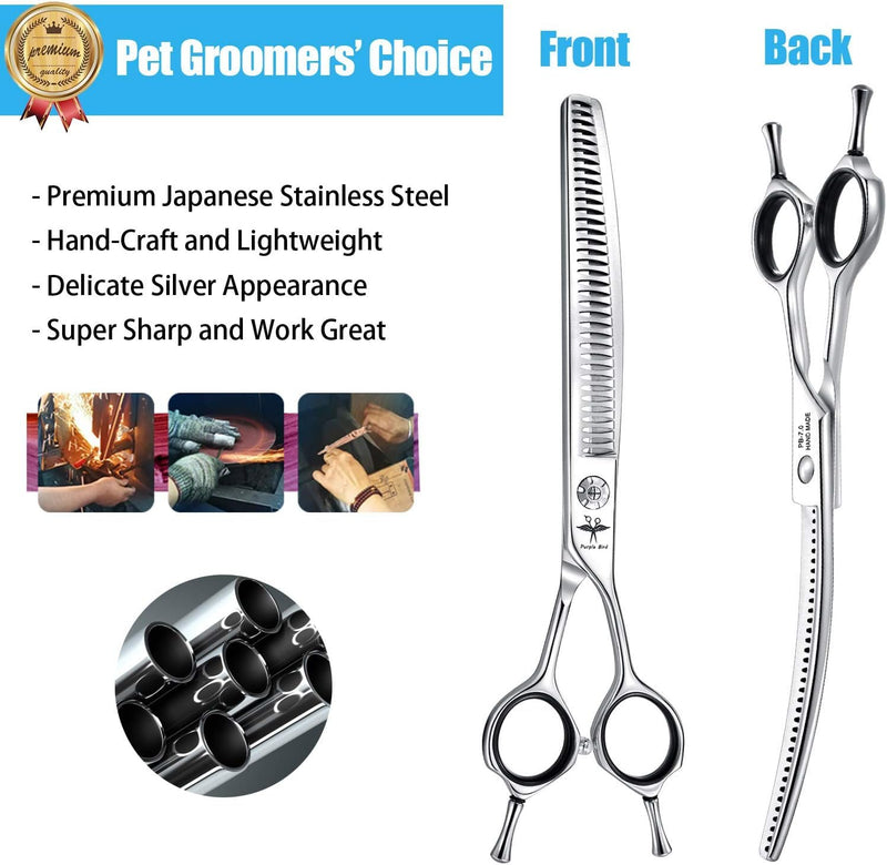 PURPLEBIRD 7 Inch Downward Curved Dog Grooming Scissors Pet Thinning Texturizing Shears Professional Safety Blunt Tip Trimming Shearing for Dogs Cats Face Paws Limbs Japanese Stainless Steel Silver 7.0"curvedThinning - PawsPlanet Australia