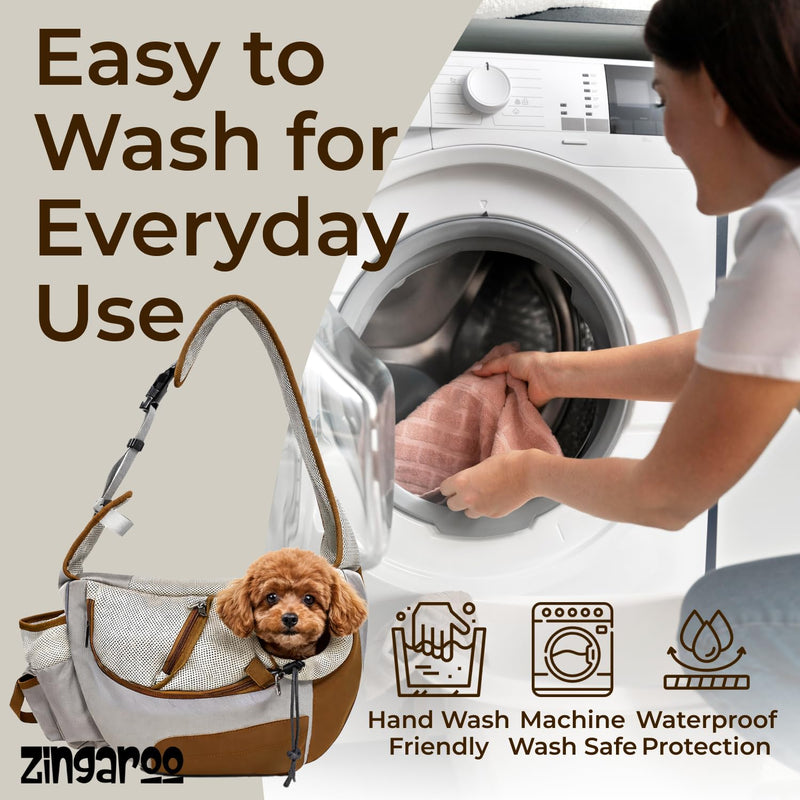 Hands-Free Sling Pet Carrier for Cats and Small Dogs up to 12lbs – Travel Set Includes Foldable Water Bowl & ID Card – Breathable Mesh, Safety Hook & Adjustable Padded Strap for Walking & Travel Beige - PawsPlanet Australia