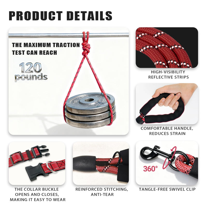 Nylon Dog Leash for Medium Large Dogs, 5-FTReflective Heavy Duty Leash with Comfortable Handle & Poop Bag Dispenser Ring, 1/2 Inch Wide, Secure Reinforcement for Walking(L/Red) Red L - PawsPlanet Australia