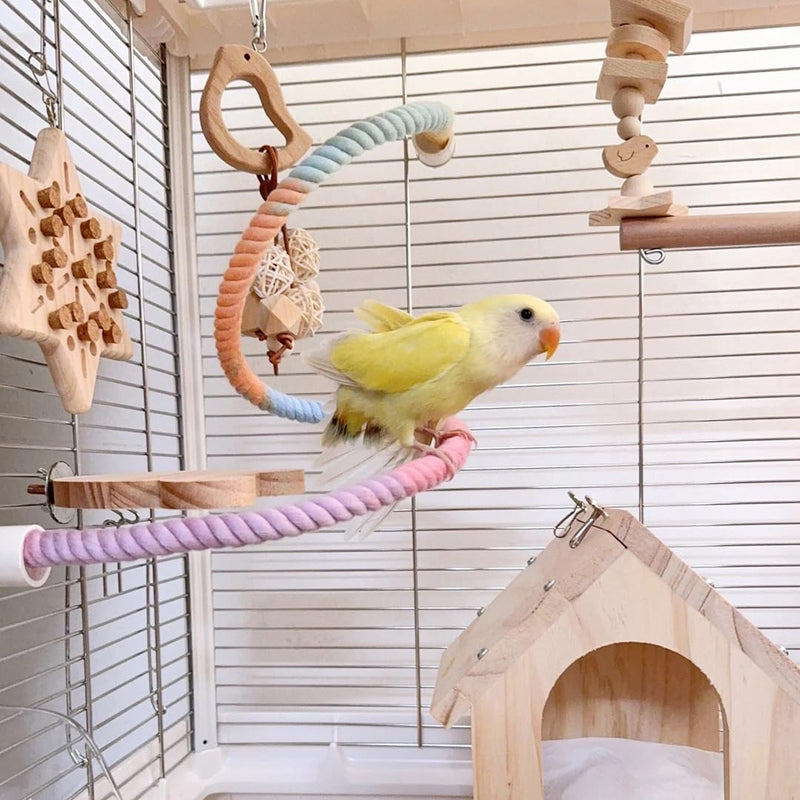 2Pcs Gradient Bird Rope Perch Stand Bird Cage Climbing Rope Toys Accessories of M5*30mm Screw for Cockatiels Lovebird Parakeet Budgies Sugar Gliders Hemp Swing(31.4'' & 14'') Rainbow 2pcs - PawsPlanet Australia