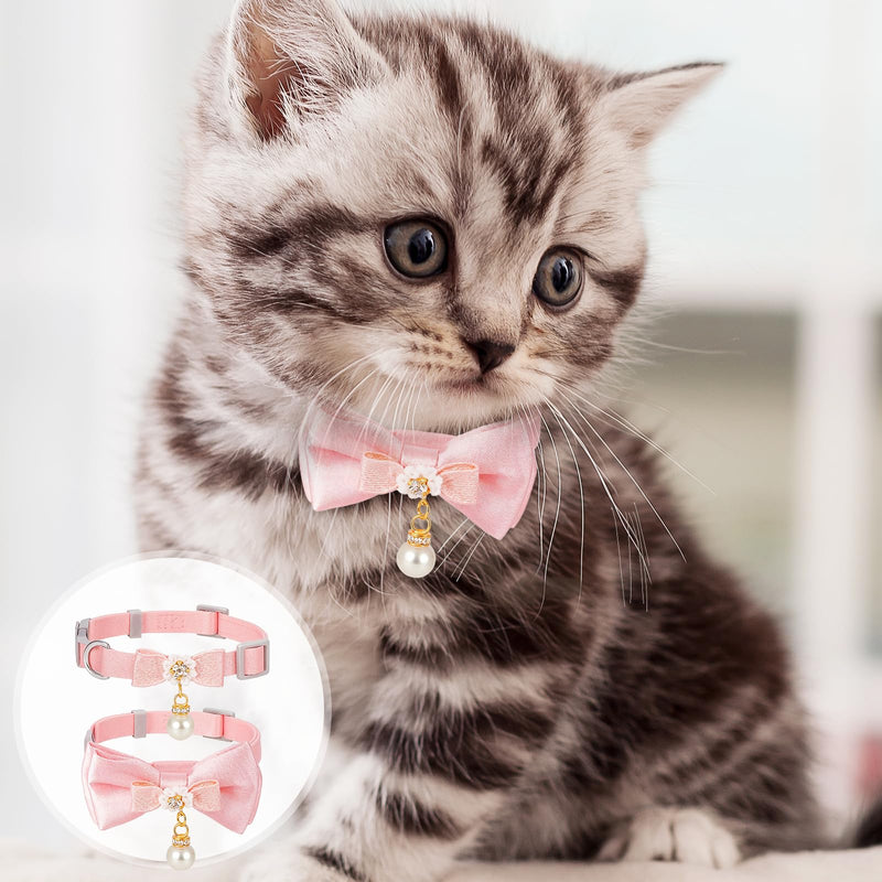 2 Pcs Adorable Cat Collar with Bow Cat Collar Breakaway Pink Cats Bows & Accessories Adjustable Cute Kitten Collars with Pearl Pendant for Girl Cats Pink - PawsPlanet Australia