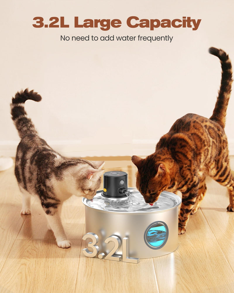 Cat Water Fountain Wireless Cordless: Cat Fountain Battery Operated - Stainless Steel Pet Water Fountain Rechargeable - 108oz/3.2L Automatic Cats Fountains for Drinking with Motion Sensor - Cats & Dog Cat Water Fountain - PawsPlanet Australia