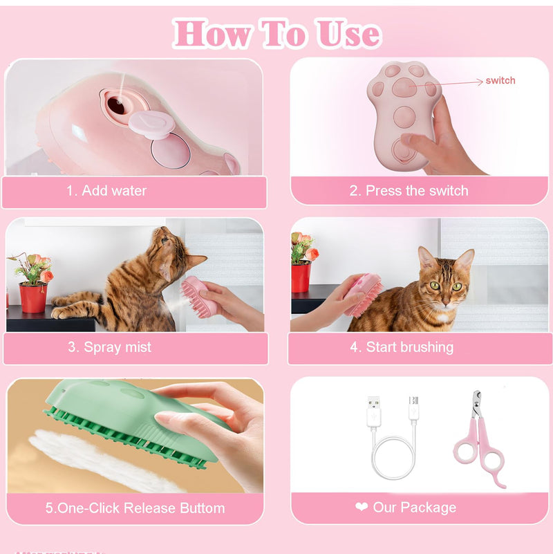 Cat Steam Brush,4 in 1 Spray Cat Brush, Pets Grooming Brush for Shedding, Portable Pet Hair Removal Tool For Cats and Dogs, Pets Steamy Brush,Pink - PawsPlanet Australia