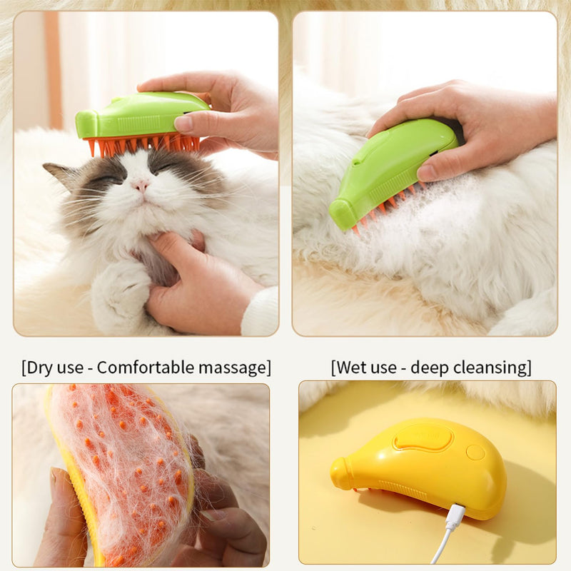 3-in-1 Silicone Massage Cat Steam Grooming Brush for Shedding Pet Hair Removal from Cats and Dogs (Banana) Banana-Yellow - PawsPlanet Australia