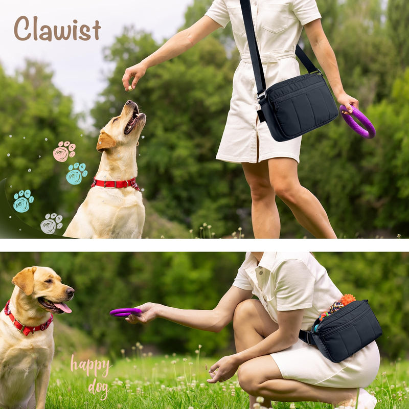 Fashion Dog Treat Pouch with Clicker Stylish Crossbody Dog Walking Bag, 3-in-1 Dog Training Treat Pouch with Removable Waterproof Liner, Treat Holder Waist Bag for Puppy Training & Daily Walks Black