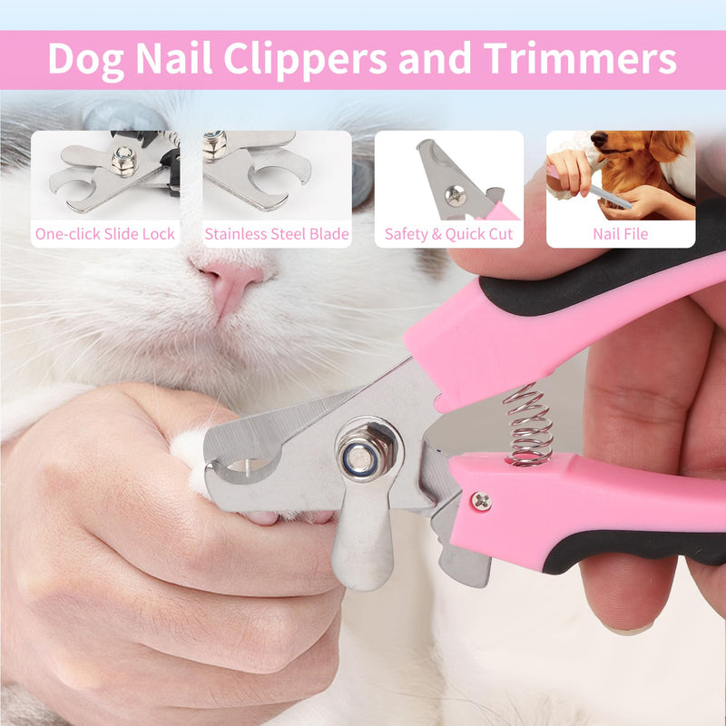 9 Pcs Pet Grooming Brush Set for Shedding, Professional Cats Dogs Long Hair Brush Nail Clipper And File Grooming Kit Self Cleanup Deshedding Multifunctional for Dogs Cats (Pink) Pink - PawsPlanet Australia