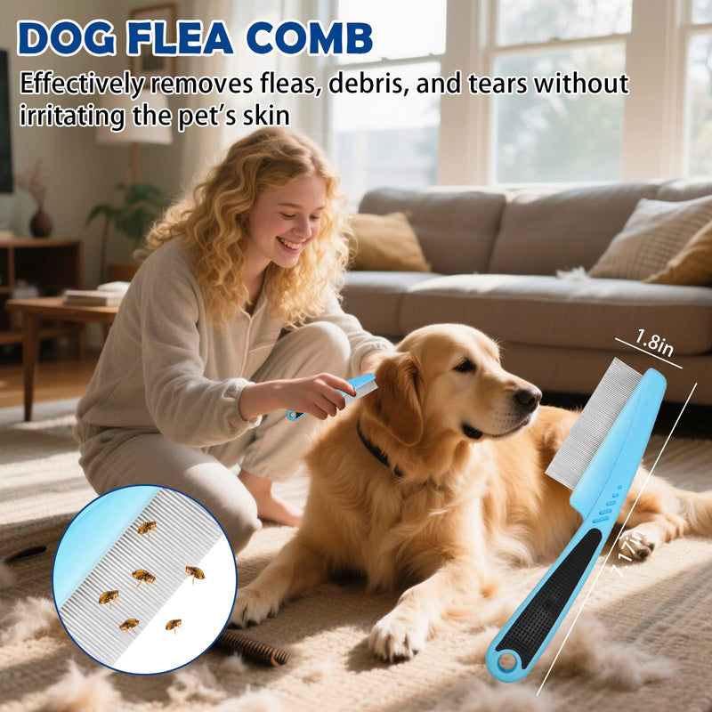 Dog Grooming Brush Set – 5-Piece Kit for Medium & Long-Haired Dogs | Includes Long Pin Brush, Flea Comb, Bath Glove, Silicone Glove, Metal Comb | For Poodles, Huskies & More (Blue) - PawsPlanet Australia