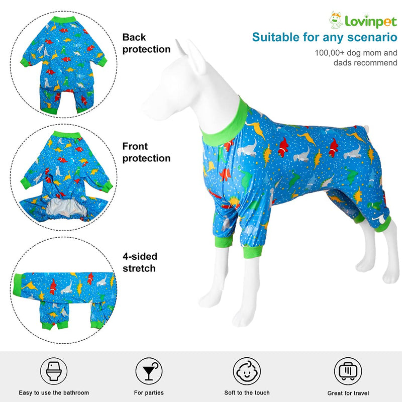LovinPet Dog Post Surgery Onesie - Large Dog Pjs, Lightweight Stretchy Fabric, Blue Dinosaur Print, Sun Protection, Pitbull Clothes, Pet Anxiety Relief Shirt, Pet Pajamas for Dogs, Green Blue XL X-Large Blue Green - PawsPlanet Australia
