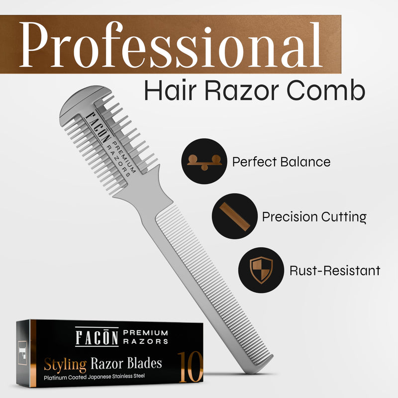 Facón Razor Comb for Hair Cutting - Professional Hair Cutting Comb Kit with 12 Replacement Blades, Double Edge Shaper for Salon & Home, Premium Styling Thinning Texturizing Split Ends Trimming Razor The Swift (Silver) - PawsPlanet Australia