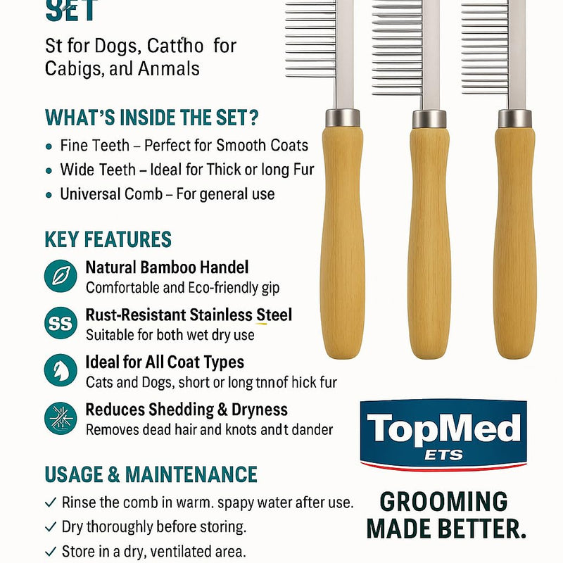 TopMed ETS Set of 3 Stainless Steel Pet Hair Comb, Wooden Handle of Bamboo Proven Grooming Tools Kit for Dogs Cats and Other Animals