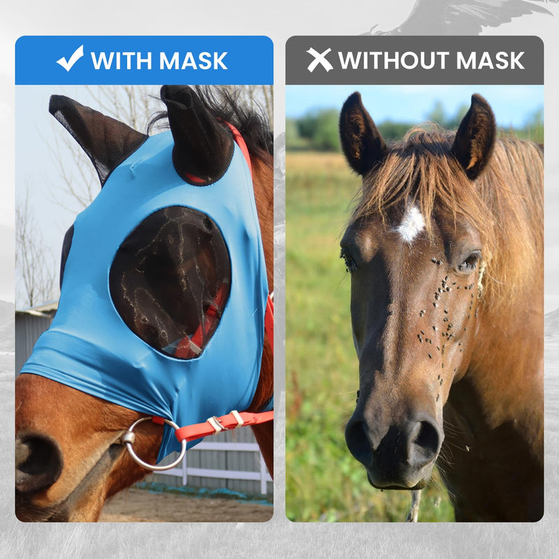 Fly Masks for Horses with Ears UV Protection, Elasticity Horse Fly Mask with Big Mesh Eye Covers - Breathable Comfort Fit Riding & Competition Blue Large Sky Blue