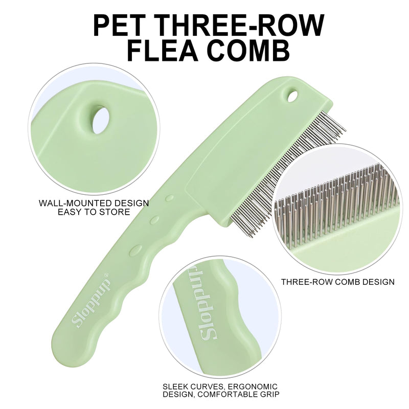 HOP Green 3-Row Pet Flea Comb with Handle Fine Tooth Flea Comb Lice&Tick Metal Comb for Dogs and Cats Remove Loose Hair Dirt Fleas 5.98in/15.2cm