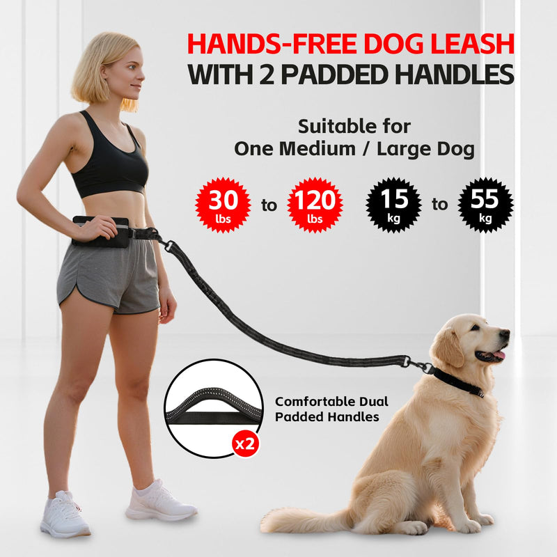 Hands Free Dog Leash with Waist Belt & Large Pouch, Waist Leash for Dog Walking, Running, Hiking & Jogging, Reflective Dual Padded Handles, Ideal for Medium/Large Dogs (30-120lbs) For 1 Dog - PawsPlanet Australia