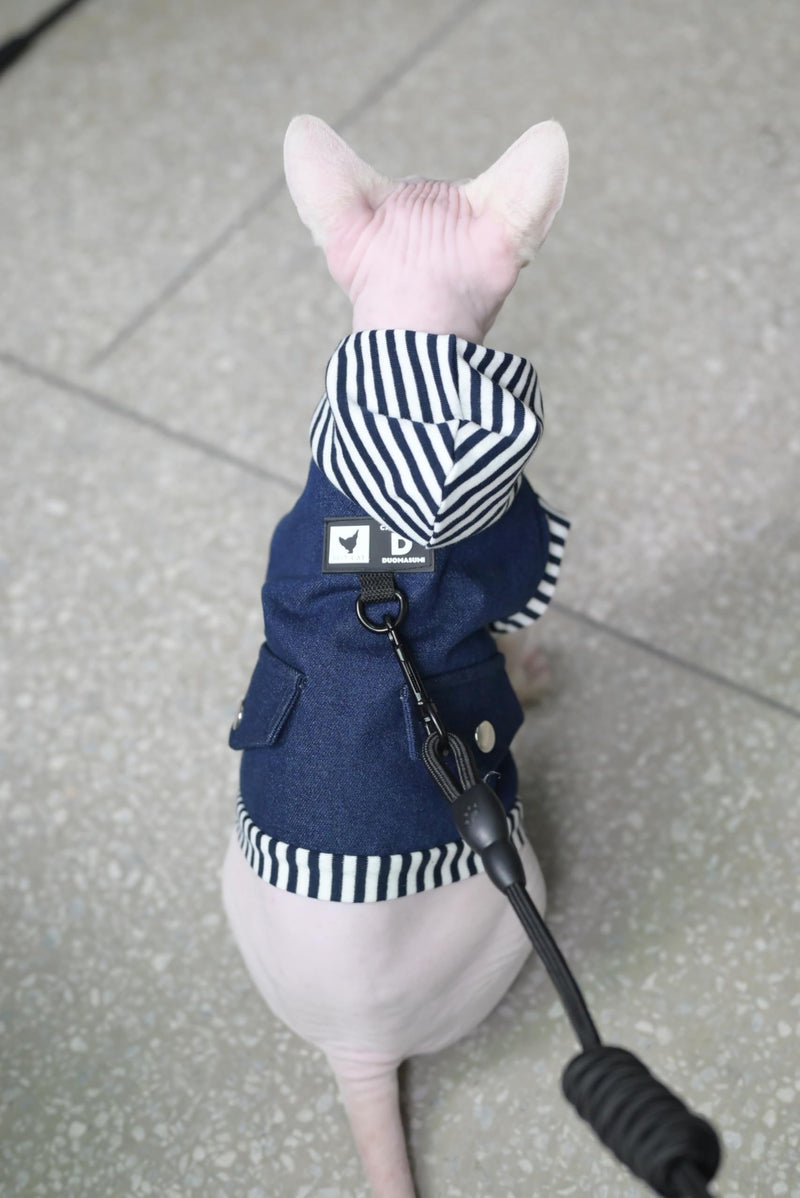Hooded Denim Cotton Cardigan Harness Vest for Small Kitten & Cats - Adjustable Soft Pet Clothing, Stylish Puppy Kitten Jacket with Leash Attachment (Jacket Only, Small) Jacket Only - PawsPlanet Australia
