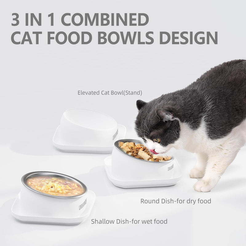Cat Bowls Elevated Tilted Whisker Friendly, Cat Food Bowls for Indoor Cats, Shallow Cat Food Dishes Stainless Steel, Slanted Flat Plastic Feeder Elevated Angled Design.(White) White - PawsPlanet Australia