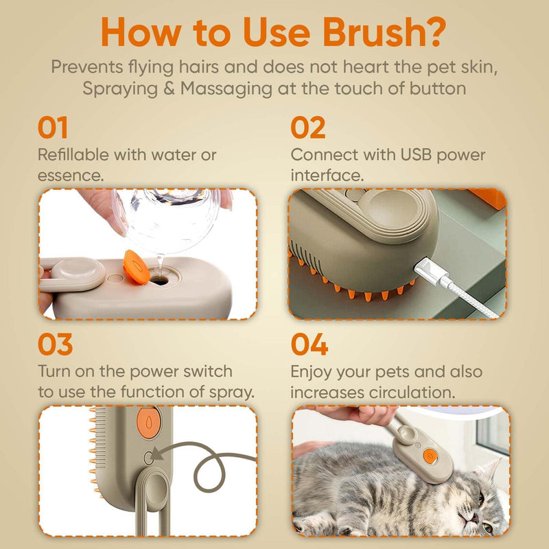 Cat Steam Brush - Spray Design, 3 in 1 Cat Steamy Brush with Steamer, Pet Spray Hair Comb, Steam Brush for Dogs - Suitable for All Pets -Pet Spray Hair Comb (coffee) - PawsPlanet Australia
