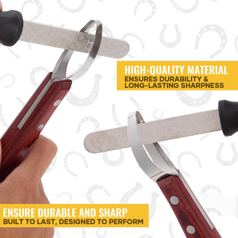Hoof Knife with Sharpener, 2 PCS Professional Farrier Kit, Curved Stainless Steel Trimming Knife & 400/800 Grit Diamond Rod, Ergonomic Wood Handle, Rust-Resistant for Horses, Cattle