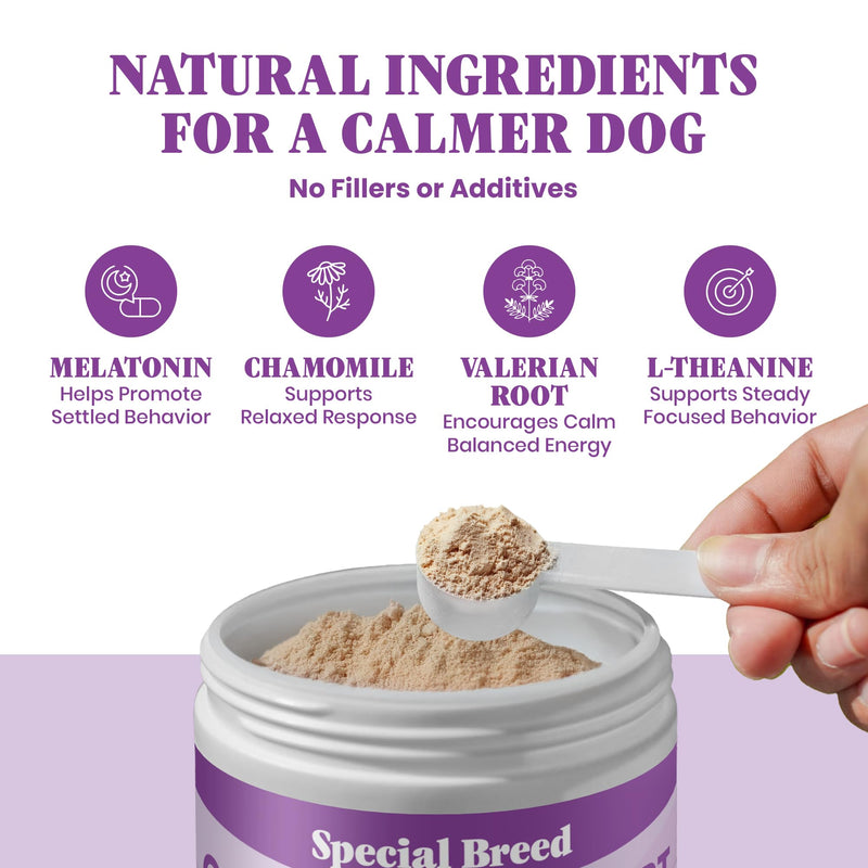 Calming Supplement for Dogs with Melatonin – Dog Calming Powder with Chamomile & Valerian Root – Supports Relaxation & Composure for Travel, Fireworks & Vet Visits - Bacon Flavor - 180 Scoops