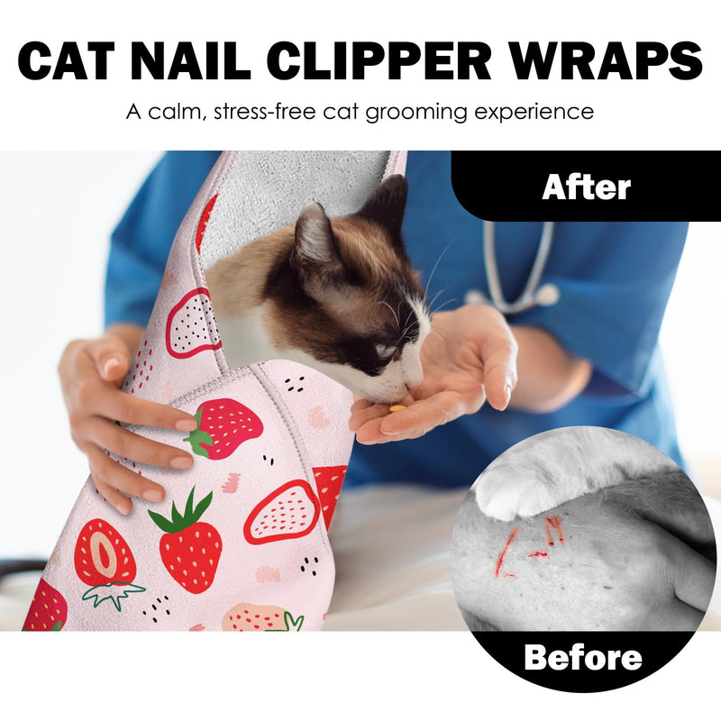 27.6"Cat Grooming Wrap, Self Adhesive Cat Wrap for Cutting Nails, Anti-Escape Cat Swaddle Wrap for Medicine Ear Cleaning, Strawberry Anti-Scratch Cats Burrito Restraint Blanket, Pet Tool (6-10 lbs) - PawsPlanet Australia