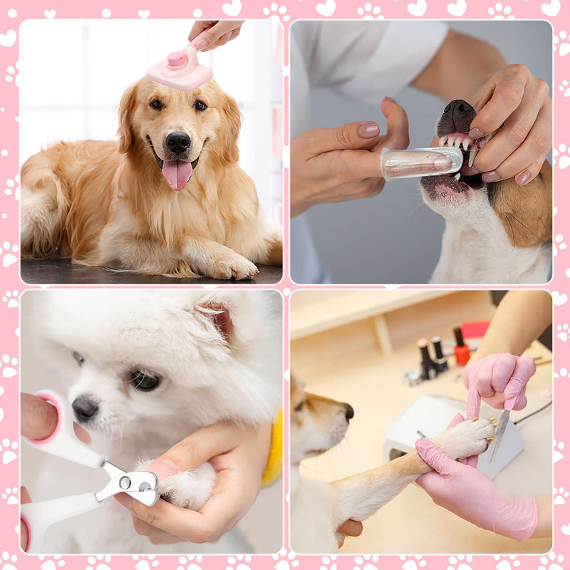 VCZONE 8 Pcs Dog Grooming Kit with Self Cleaning Tools: Nail Clipper, Flea Comb, Shampoo Brush, Shedding Brush, Dematting Comb, Silicone Toothbrush (Pink) Pink - PawsPlanet Australia