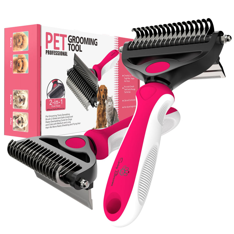 Spring Blossoms-2 in 1 Professional Grooming Rake for Cats & Dogs-Dematting Comb for Easy Mats & Tangles Removing,Pet Brush Safe No More Nasty Shedding and Flying Hair (Rose) Rose