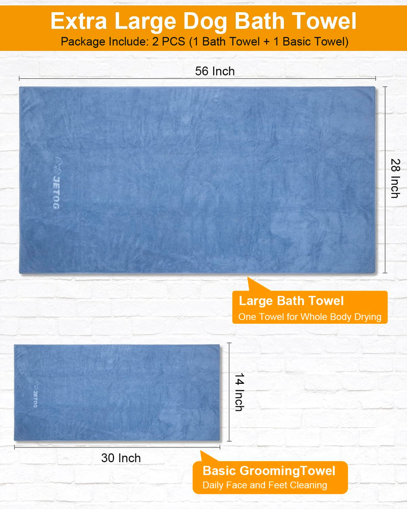 2-PCS Fast Drying Dog Towels - 56 x 28 Inch Ultra Soft & Absorbent Large Dog Towel with 30 x 14 Inch Daily Use Paw Towel - 100% Microfiber Pet Bath Grooming Towels for Dogs Cats, Blue XL:56x28 Inch + S:30x14 Inch - PawsPlanet Australia