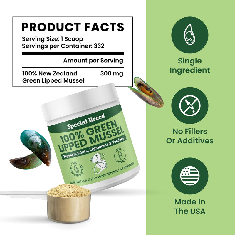 Special Breed Green Lipped Mussel Powder for Dogs & Cats - 100% New Zealand - Natural Hip & Joint Supplement for Joints, Tendons, Ligaments, Muscles - 100 Grams - Up to 332 Servings - PawsPlanet Australia