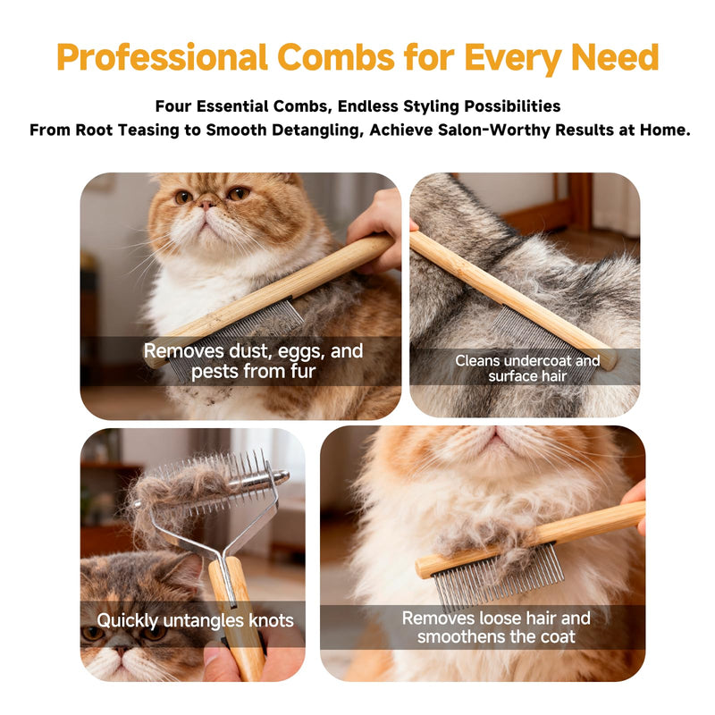 Bamboo Undercoat Rake & Deshedding Comb for Dogs & Cats - Cat & Dog Brush & Dematting Tool for Matted Fur, Pet Grooming Kit with Fur Comb & Flea Comb for Shedding Control Large