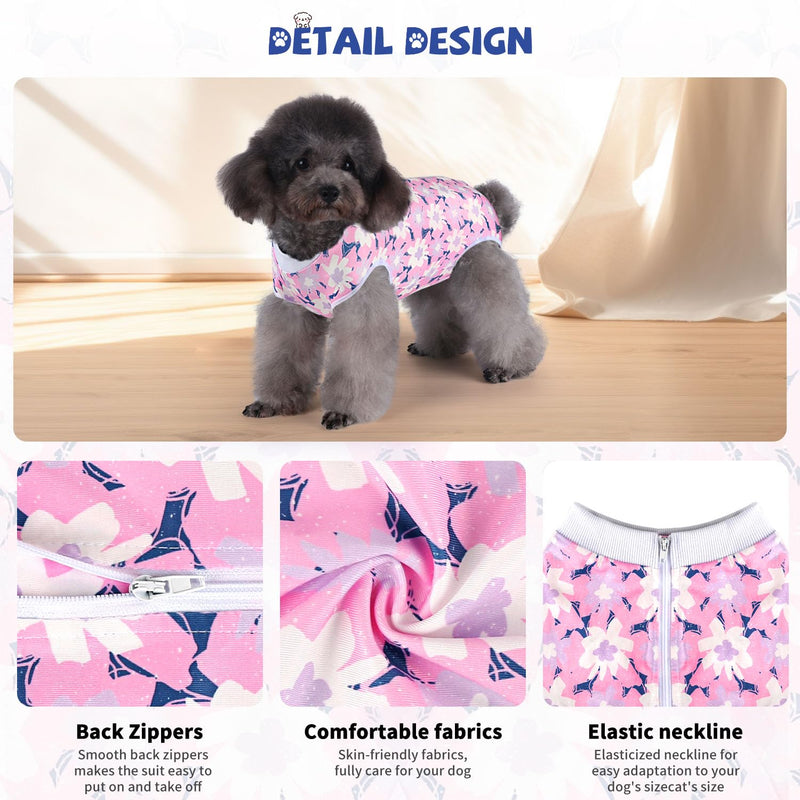 Dog Surgery Recovery Suit Puppy Surgical Clothes Abdominal Wounds Anti-Licking Dog Bodysuit Onesie Substitute E-Collar& Cone Pink Flower S Pink Flower(Zipper) - PawsPlanet Australia