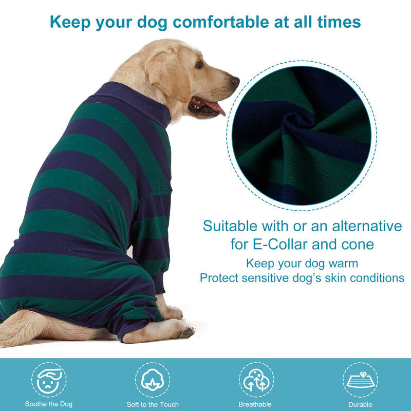LovinPet Large Dog Pajamas Bodysuit, Lightweight Stretchy Knit Pullover Dog Onesie, Pet Pajamas for Dogs, Green and Black Stripe Print Dog Shirt, UV Protection, Stop Shedding for Dogs, Pet PJ's, 2XL XX-Large Green/Blue - PawsPlanet Australia