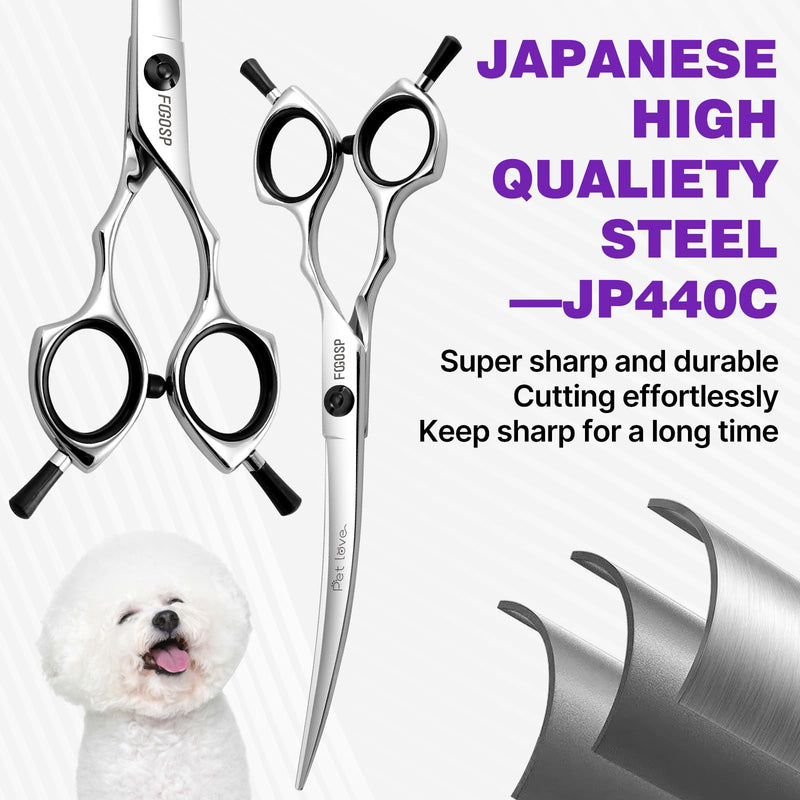 Curved Dog Grooming Scissors 7 in Curve Shears for Pet Dogs Pomeranian Cat Japan 440C 30°Arc Upward & Downward for Trimming Face and Paws at Home(7, Curved) 7.0 in - PawsPlanet Australia