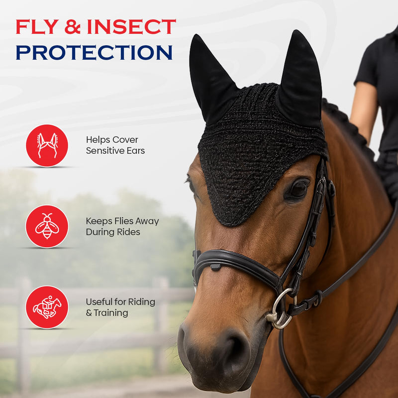 Equine Care Horse Fly Bonnet Full Size Black – Breathable Cotton Crochet Ear Bonnet, Fly Veil & Ear Net for Horses with Noise Reducing Cotton Ears for Dressage, Hunter Jumper & English Riding