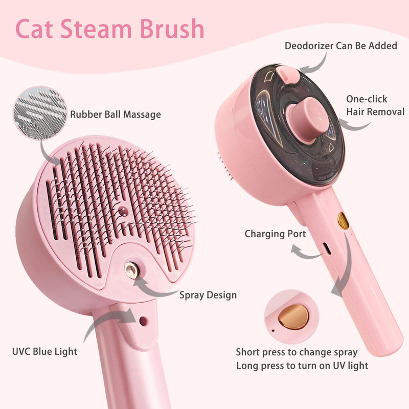 Cat Steam Brush For Shedding, Steamy Dog Grooming Brush With 2-Speed Spray, Blue Light And Release Button, Rechargeable Water Pet Hair Brushes Wet Self Cleaning Cat Spa Brush Cat Comb (Pink) Pink - PawsPlanet Australia