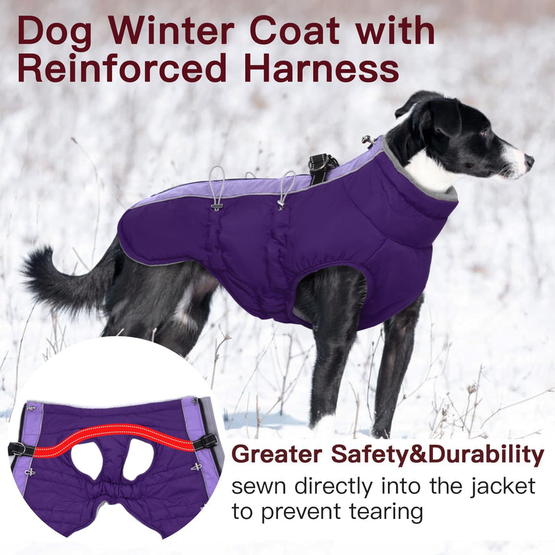 Dog Coat Winter Warm Dog Jackets for Medium Dogs Reflective Snowsuit with Harness Fleece Dogs Snow Jacket Vest Waterproof Pet Clothes for Cold Weather Purple