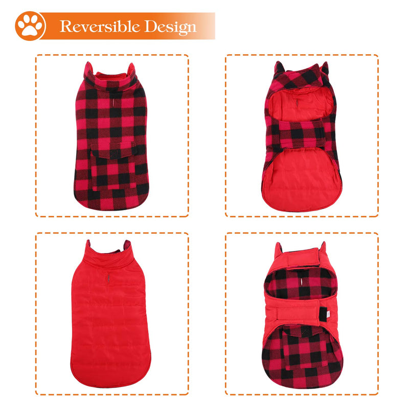 AOFITEE Reversible Dog Cold Weather Coat, Waterproof British Style Plaid Winter Pet Jacket, Warm Cotton Lined Vest Windproof Collar Outdoor Apparel for Small Medium and Large Dogs XX-Large (Pack of 1) Red & Black Grid - PawsPlanet Australia