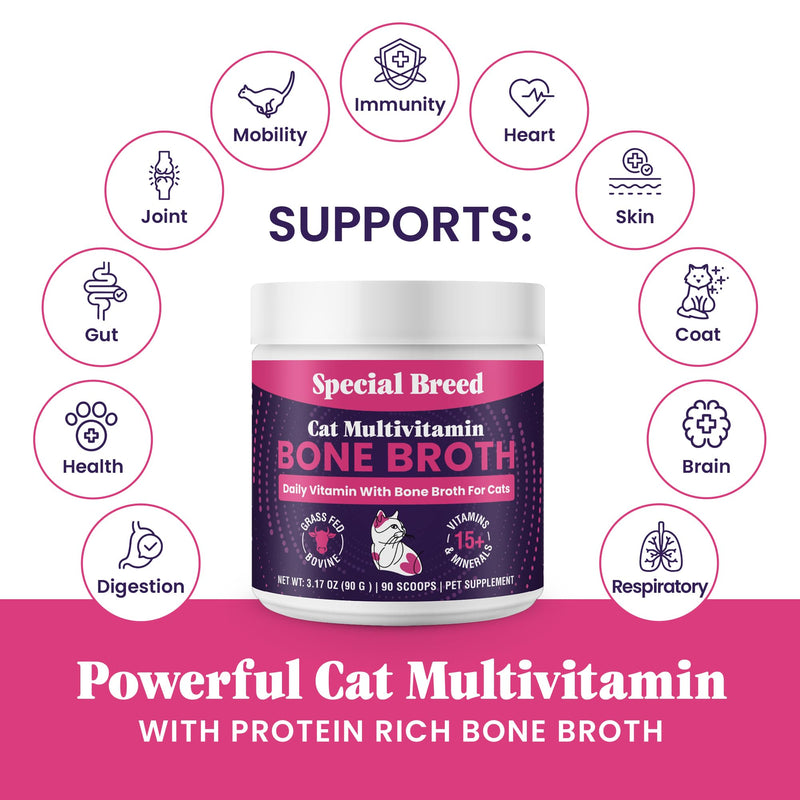 Cat Multivitamin with Grass-Fed Beef Bone Broth – Daily Supplement for Immune, Joint, Skin, Coat & Gut Health – Omega 3s, Lysine, Beta Glucan, Vitamins A-E, C, D – 90 Day Supply – No Fillers 90 Grams