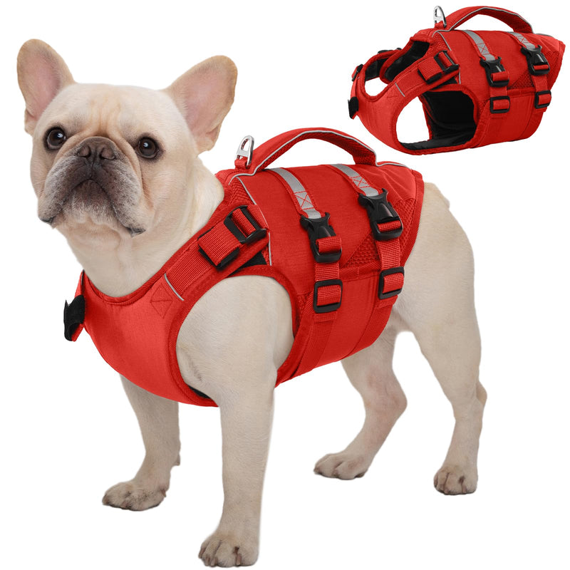 Kuoser Dog Life Jacket, High Flotation Dog Life Vest for Swimming Boating, Adjustable Ripstop Dog Lifesaver for Small Medium and Large Dogs, Reflective Safety Pet Life Preserver with Rescue Handle Small (Chest Girth:16.93-21.26'') A-Red