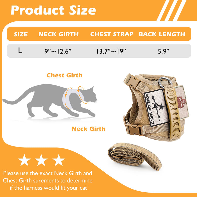 Tactical Cat Harness and Leash Set for Walking Escape Proof, Adjustable Large Cat Vest Harness with Molle Patches, Soft Mesh Padding, Rubber Handle Easy to Control Khaki - PawsPlanet Australia