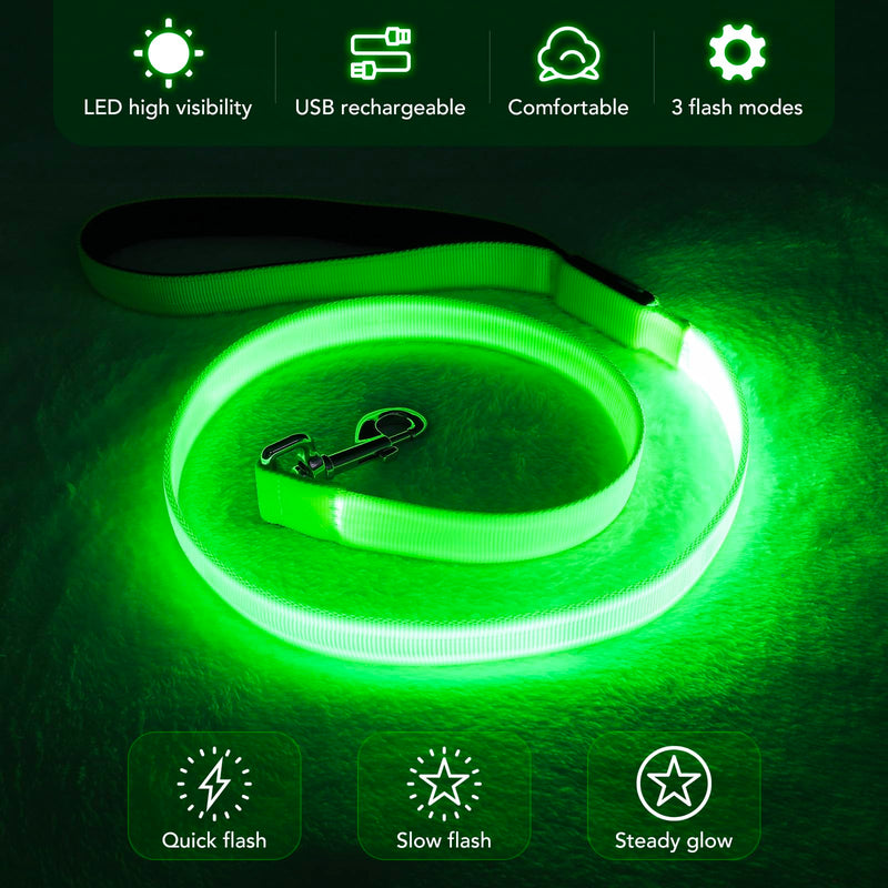 LED Dog Leash Light Up 4 Feet Micro USB Rechargeable Nylon Webbing Glow Safety Standard by Bpawser (Green) Green - PawsPlanet Australia