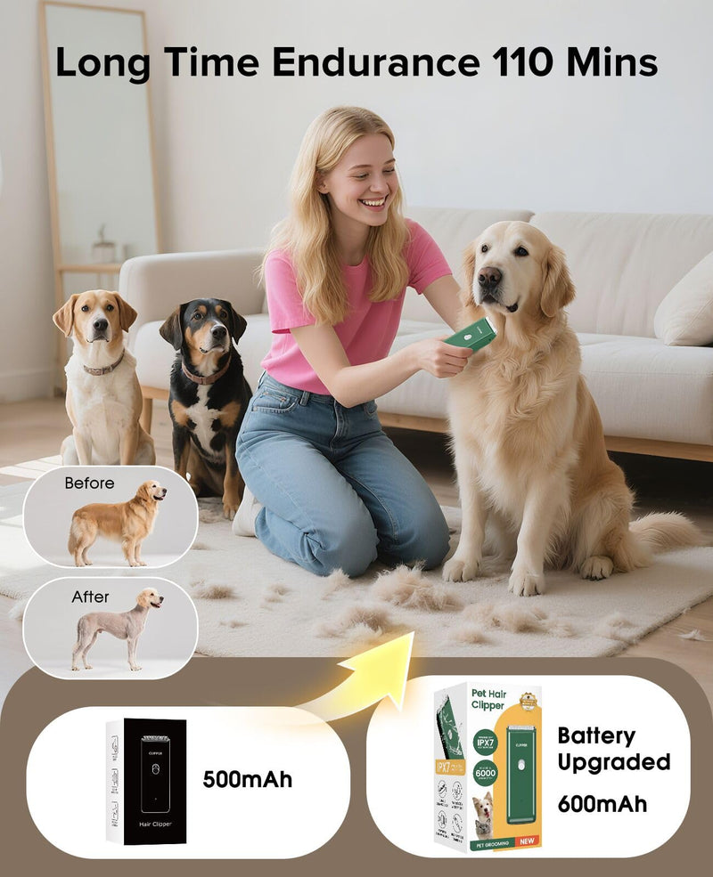 Dog Clipper for Matted & Long Hair,Quiet Pet Paw Hair Trimming Groomer,Handy Cordless Rechargeable Waterproof Shaver Kits for Cats,Small Dogs & Animals Green