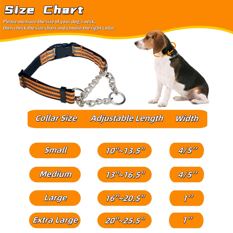 Martingale Dog Collars, Reflective Nylon Collar with Stainless Steel Chain, Adjustable Walking Training Dog Collars with Quick Release Buckle, Suitable for Small Medium Large Dogs(Orange,XL) Extra Large-(dog's neck 20~25.5inches) Orange - PawsPlanet Australia