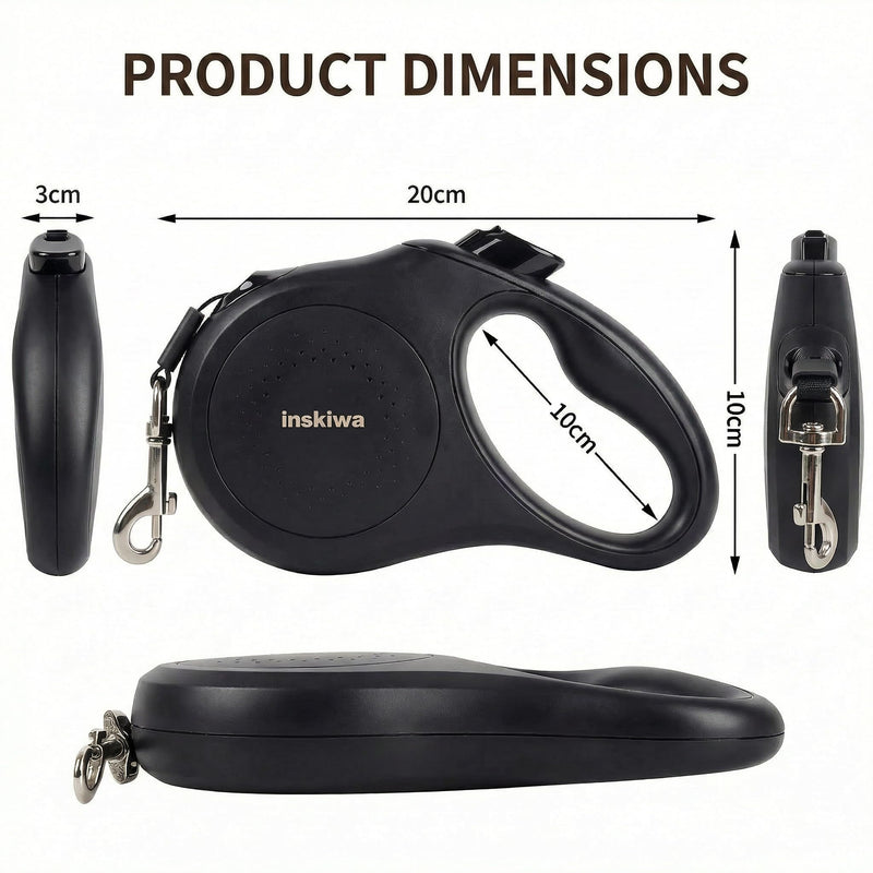 Retractable Dog Lead, 5m/16FT Extendable Dog Lead, 360° Tangle-Free, One-Handed Brake & Lock, Non-Slip Soft Grip Handle for Small & Medium Dogs, Max 25kg, inskiwa (Black) Black