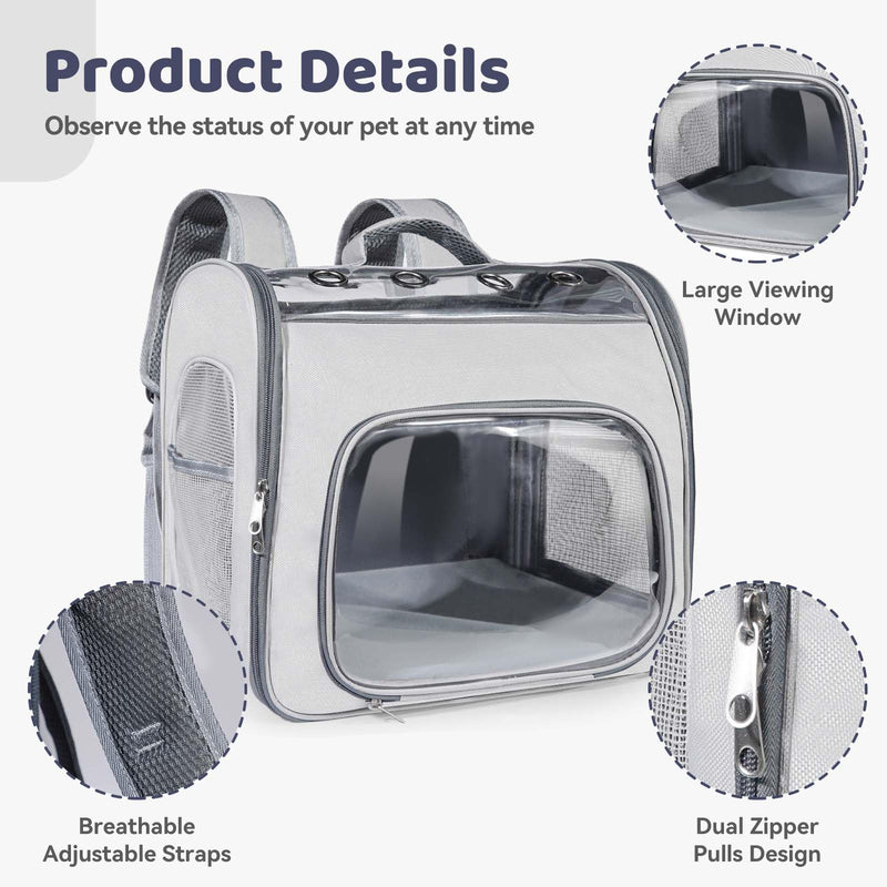 Innovative Traveler Backpack Pet Carriers Cat Backpack with Breathable Mesh Puppy Travel Carrier with Soft Padded Reinforced Support Foldable Small Dog Carrying Backpack for Kitty up to 15lbs (Grey) Grey