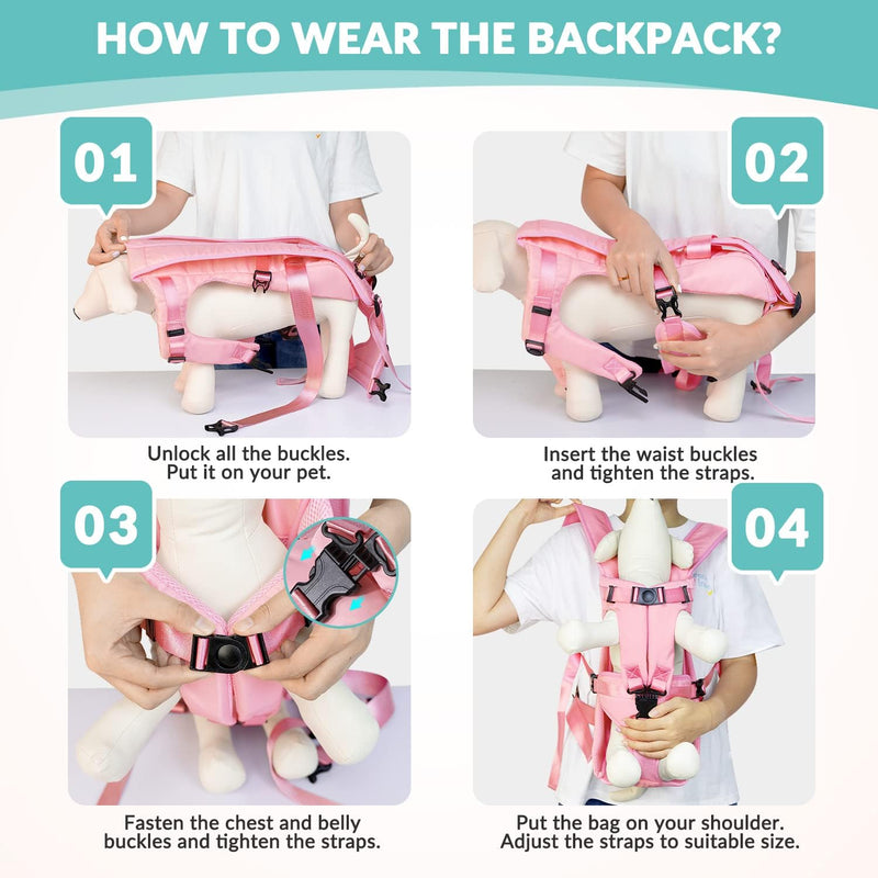 Carrier Backpacks, Adjustable Pet Backpack Carrier, Legs Out Easy-fit Dog Chest Bag for Medium Small Dogs, Hands Free Dog Front Carrier for Hiking, Cycling（Pink S） Pink - PawsPlanet Australia
