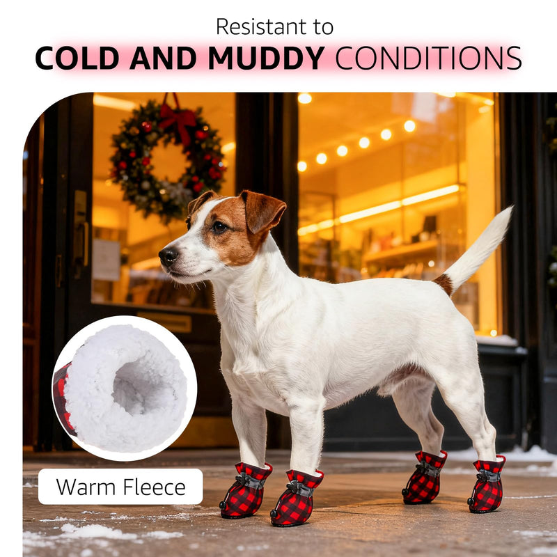SCENEREAL Christmas Fleece Dog Shoes for Small Medium Dogs, Anti-Slip Sole Puppy Boots & Paw Protectors with Reflective Straps Red Plaid Warm Soft Outdoor Walking Indoor Hardfloors, Size 3