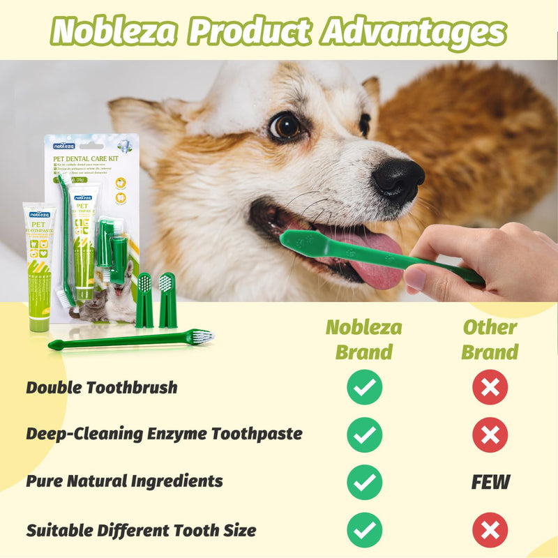 Nobleza 2 Pack Dog Toothbrush and Enzymatic Toothpaste Kit with 2 x Finger Toothbrush for Clean Pet Teeth, Eliminate Bad Breath, Remove Plaque and Tartar, Improve Gums Health and Pet Oral Hygiene Care Green 1 count (Pack of 2)