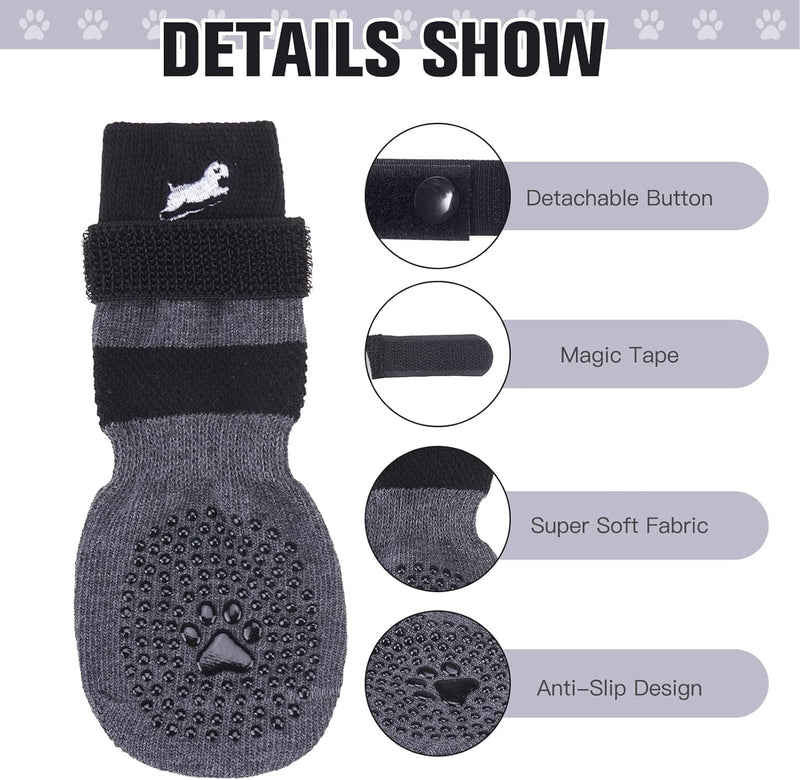 EXPAWLORER 6 Pack Anti-Slip Dog Socks - Non-Slip Double Sides Paw Protectors with Adjustable Straps, Strong Grips Traction Control for Indoor on Hardwood Floor Wear, Black XS X-Small - PawsPlanet Australia