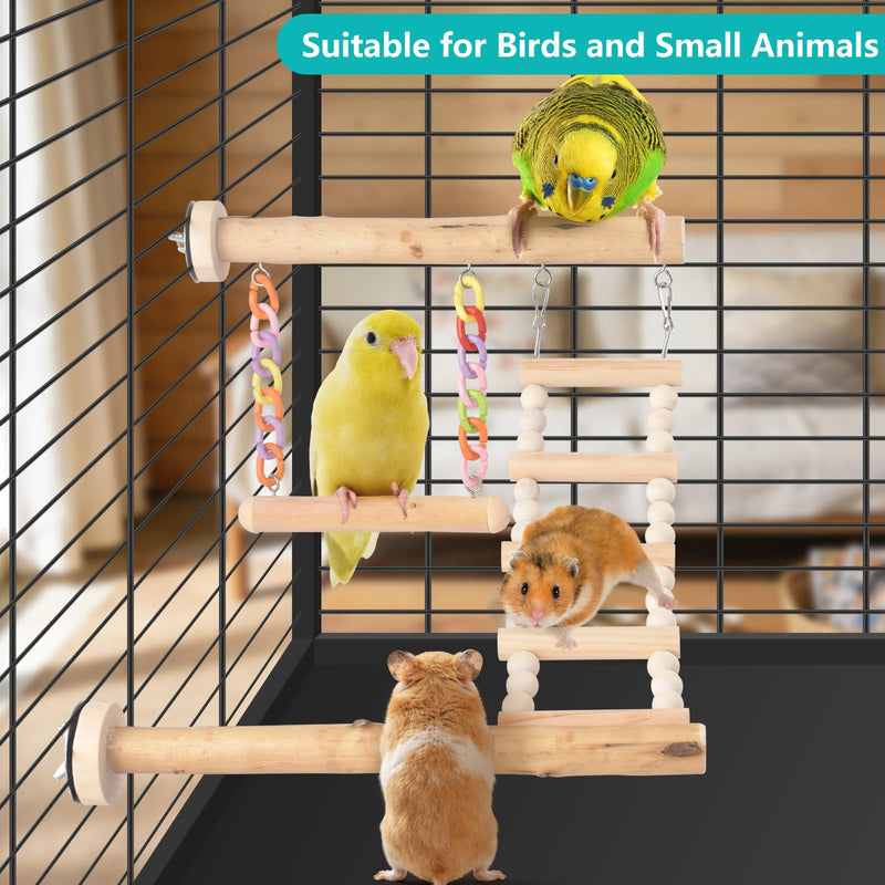 Bird Perches Ladder with Swing, Natural Wood Parrot Climbing Bridge Perch Toys, Exercise Play Stand Parakeet Cage Accessories for Budgie Cockatiel Green-Cheeked Conure Caique 4 in 1